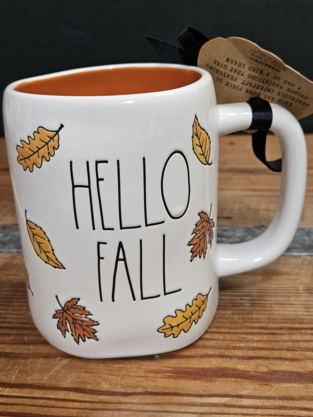 Rae Dunn White Mug with Orange Interior - Hello Fall Leaf Design - Picture 5 of 5